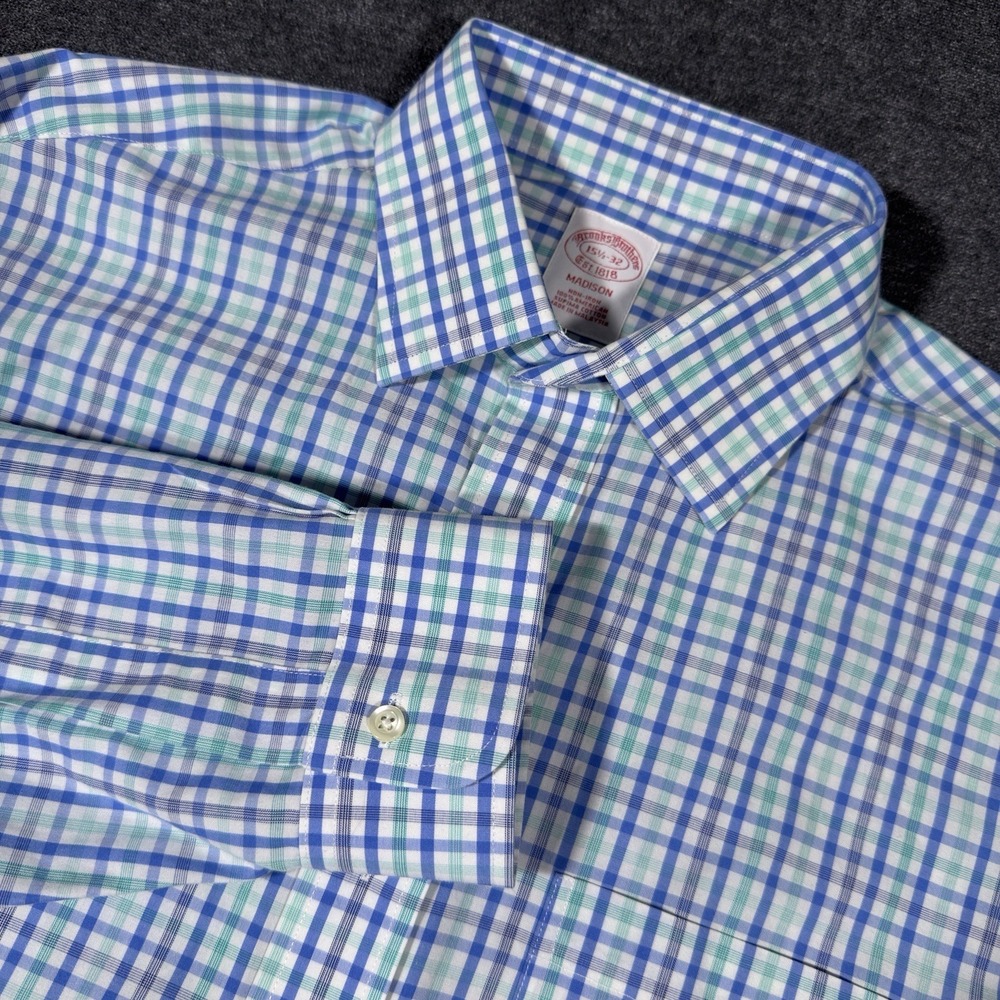 Brooks Brothers Madison Button Up Shirt Mens 15.5-32 Blue Long Sleeve Plaid Blue